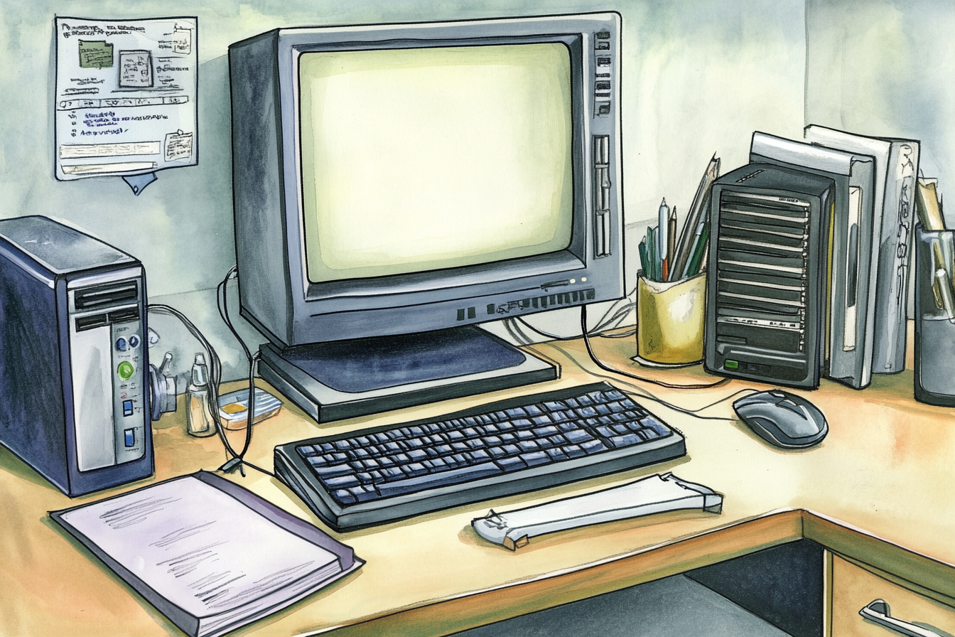 Illustration of a desktop PC circa 2005 with a large CRT monitor and clunky peripherals.