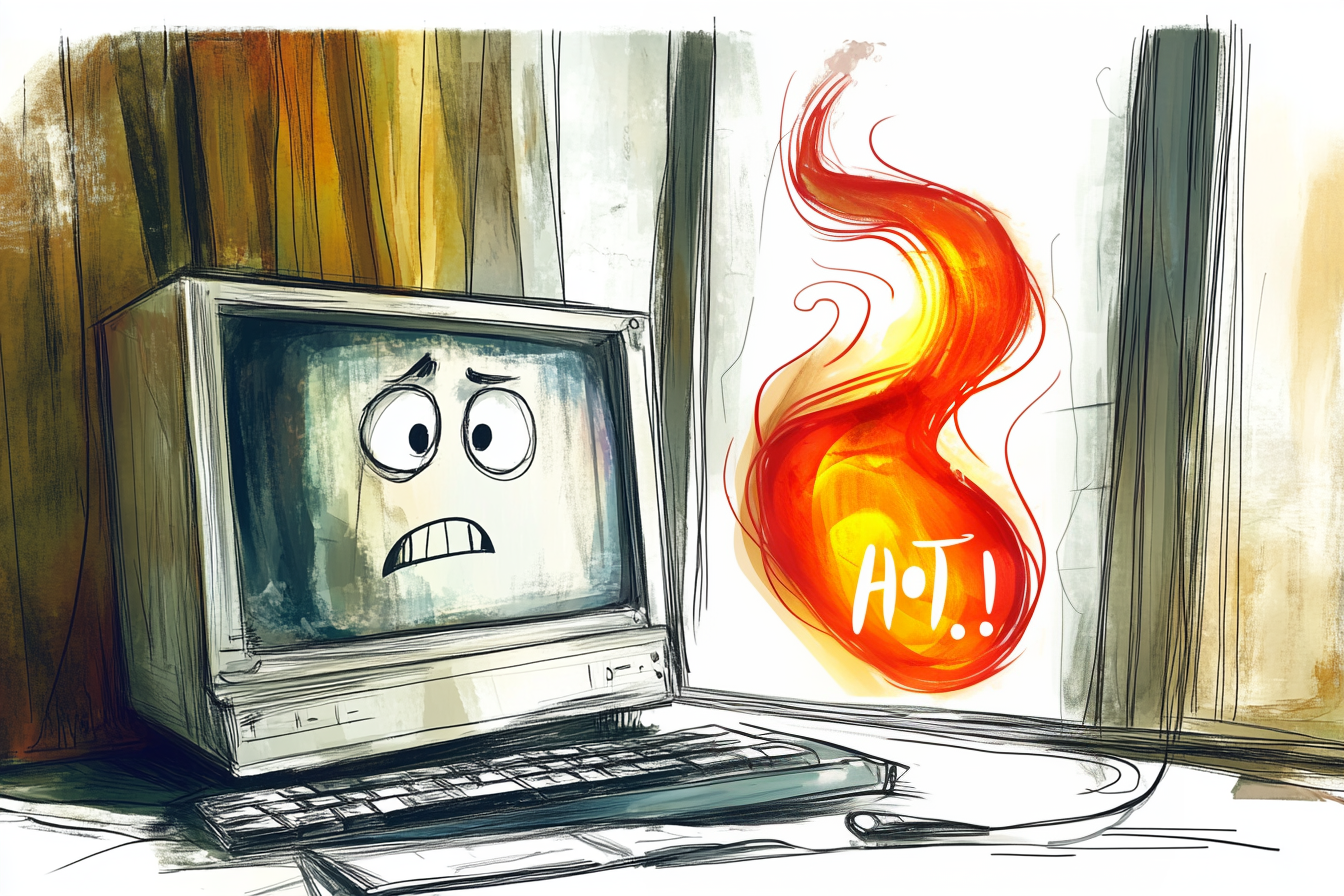 Illustration of an anxious computer with a fireball of heat burning next to it labeled: Hot!