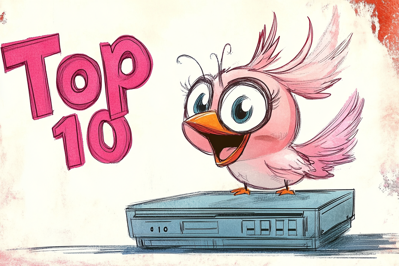 Illustration of a pink bird with oversized eyes sitting on a VCR with bright pink words saying: Top 10
