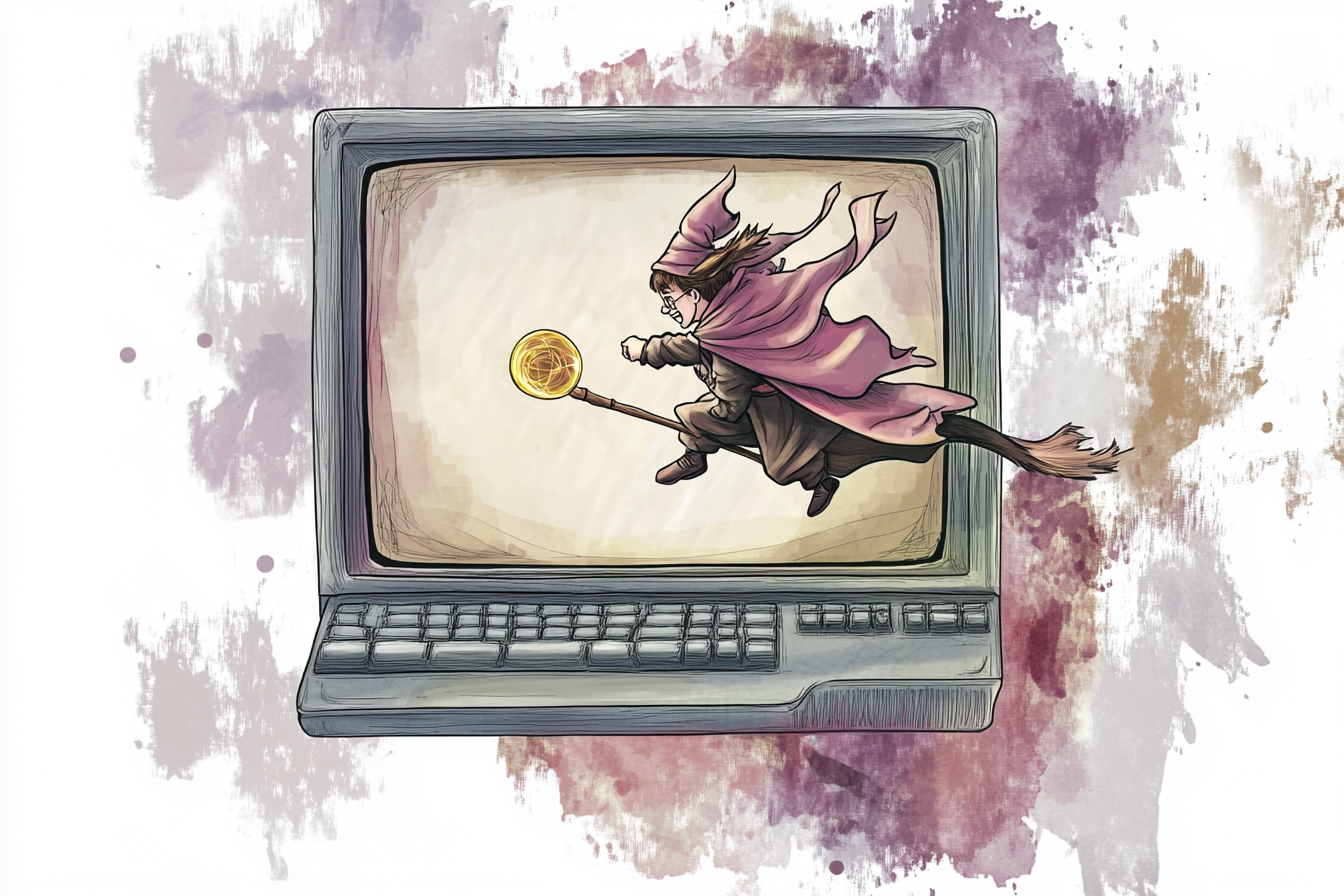 Illustration of a young male wizard riding a broomstick in front of a computer monitor chasing a flying golden orb.