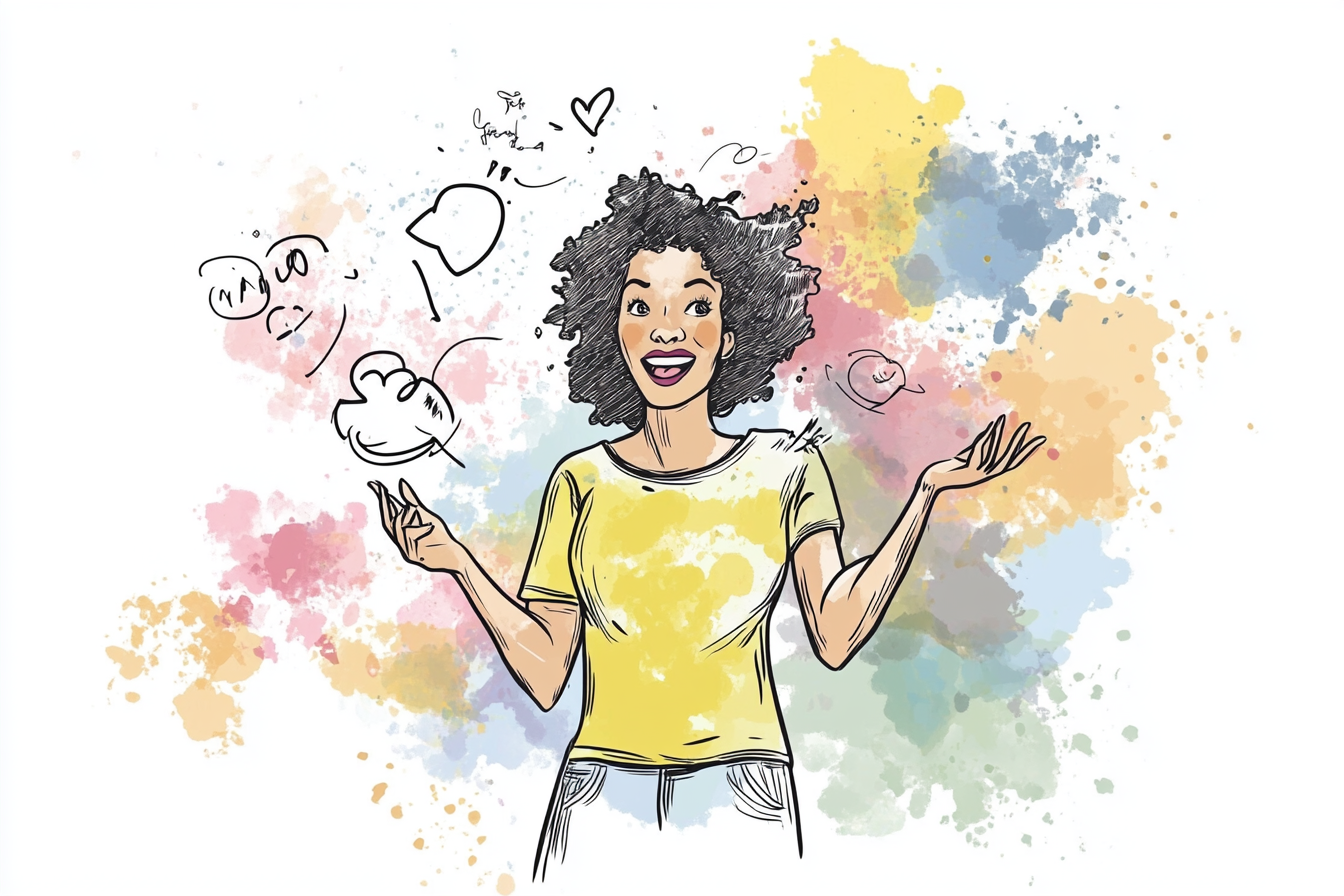 Illustration of a female comedian telling jokes.