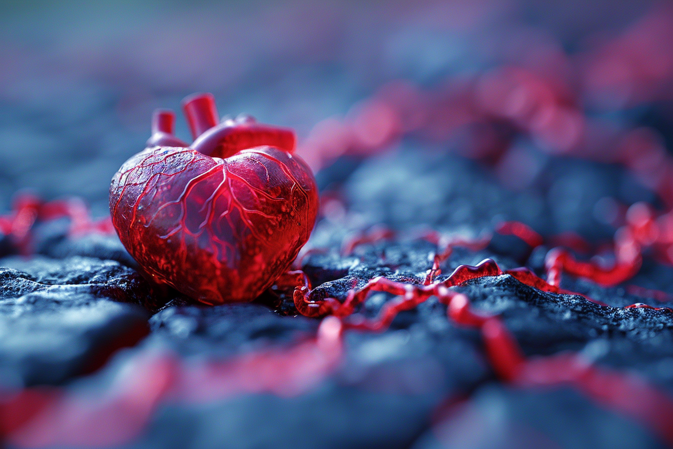 A glowing red anatomically correct heart on a black background, connected with glowing red arteries and veins.