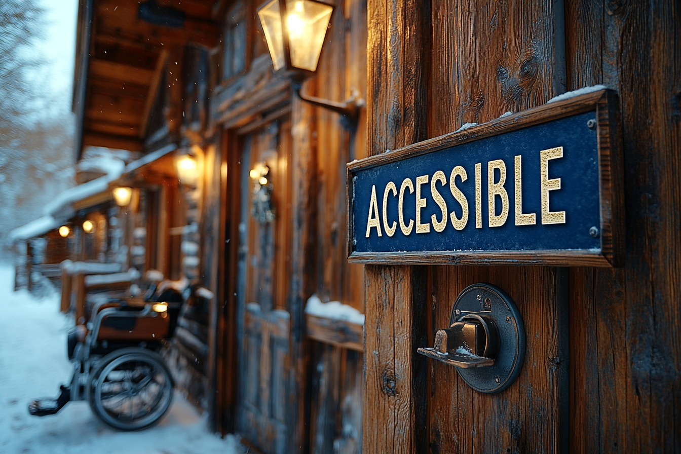 Image of an empty wheelchair sitting outside during light snowfall; a blue sign next to the door says: ACCESSIBLE.