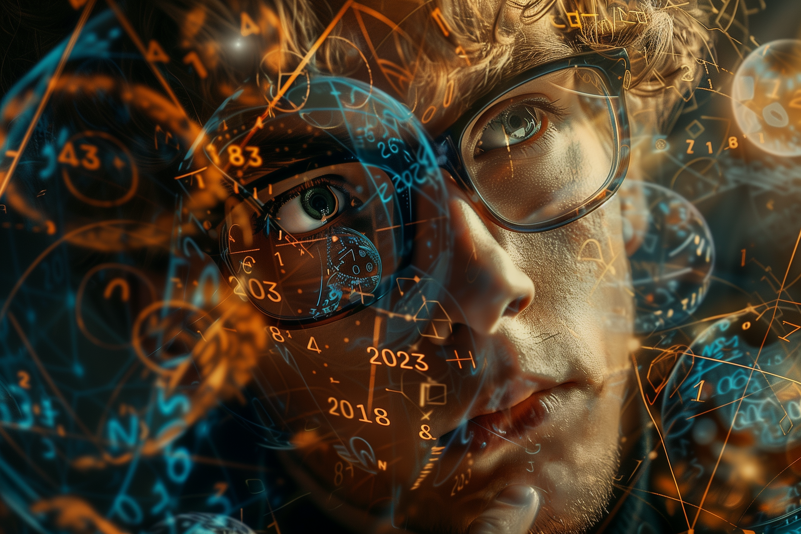 Image of a young man visualizing numbers swirling around in his head.