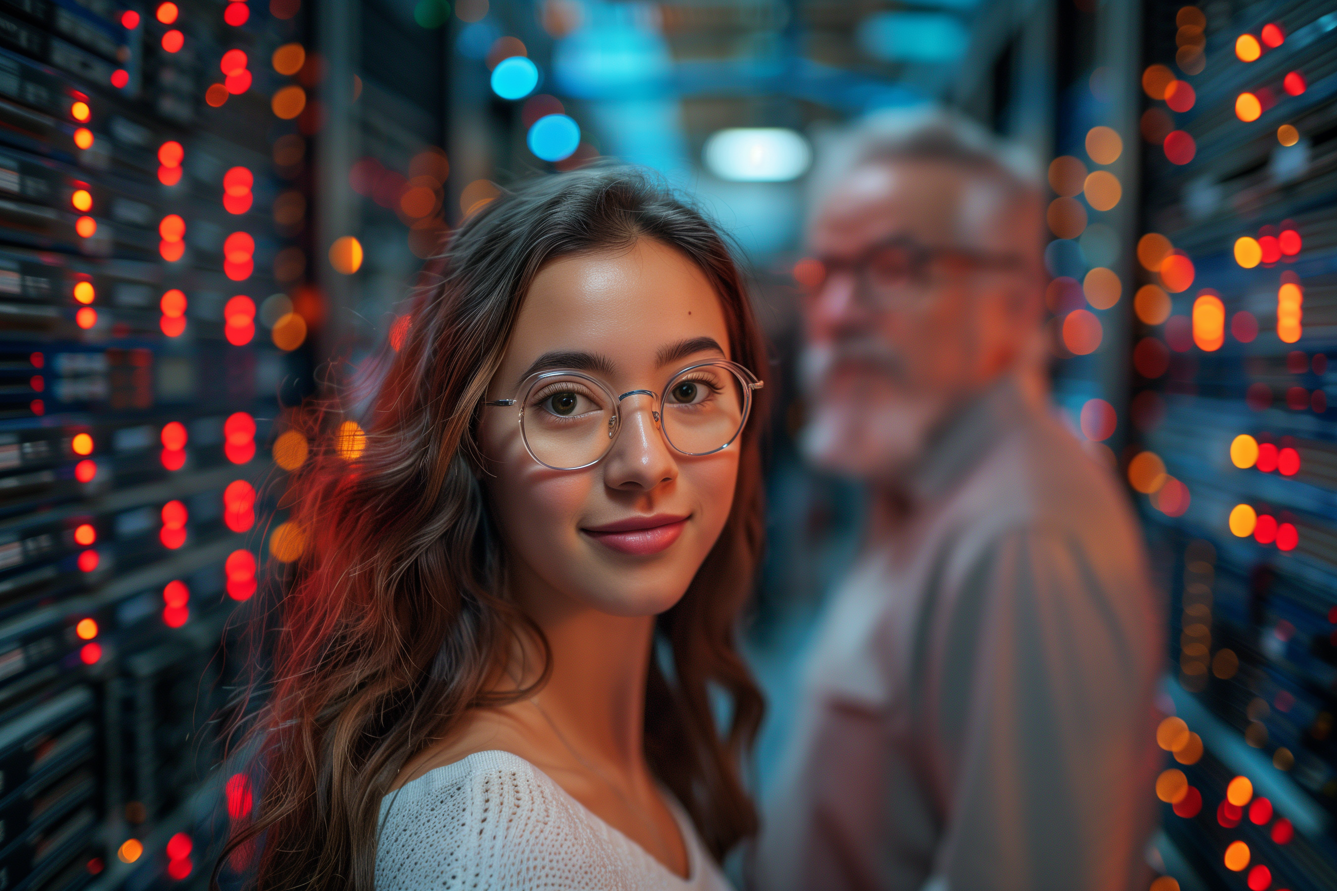 Image of a woman and a man standing inside a server room.